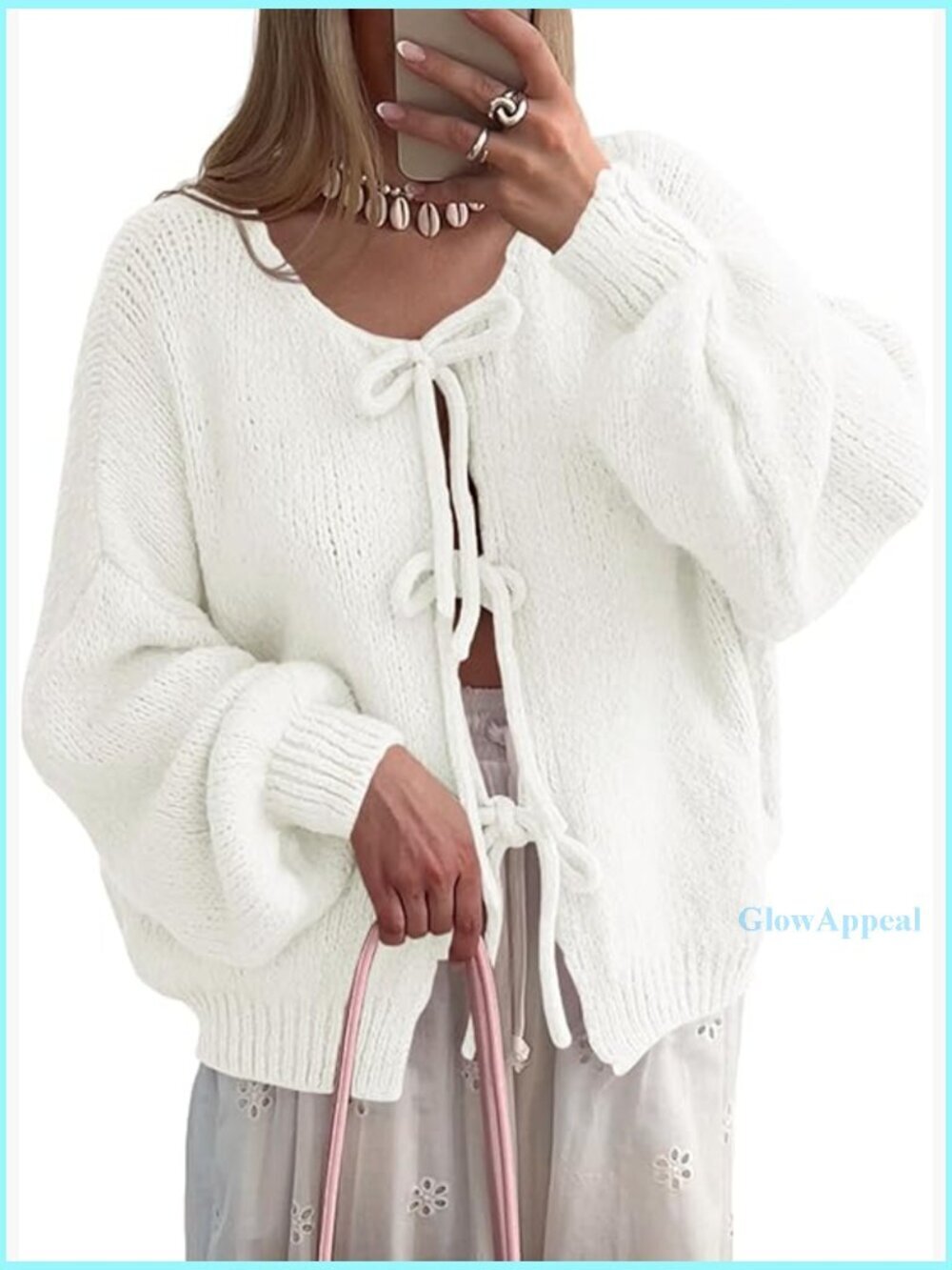 Tie Front Cardigan Sweater Long Sleeve Ribbed Knit Oversized Bow Puff